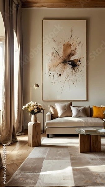 Fototapeta 
A luxurious modern living room with soft white and light grey tones. The wall features elegant architectural arches that create depth and sophistication. A large square painting (100×100 cm) 