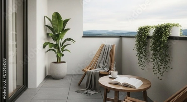 Obraz Relaxing balcony scene with comfortable chair plants and a view of distant mountains