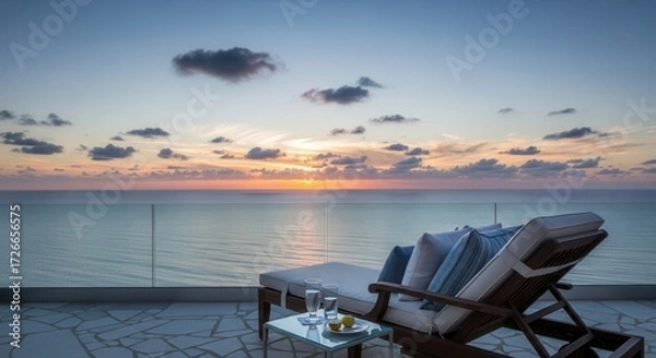 Obraz Seaside relaxation at dusk: Luxurious chaise lounge overlooking tranquil ocean waters at sunset