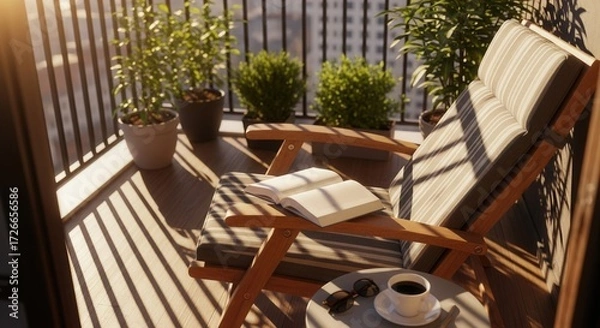 Obraz Cozy balcony with plants, chair, book and coffee creates a relaxing atmosphere