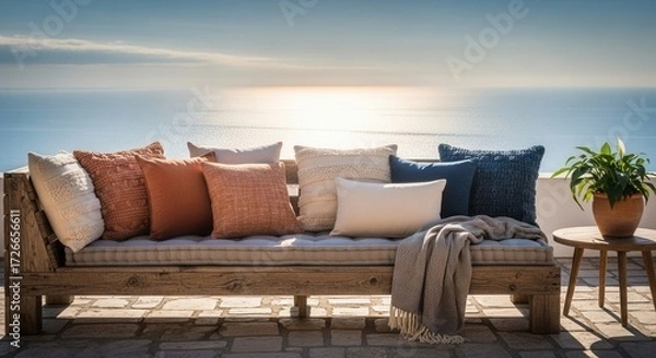 Obraz Coastal serenity: rustic wooden couch with colorful pillows against a breathtaking ocean backdrop