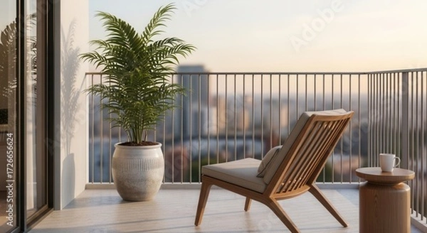 Obraz Serene Balcony View with Modern Chair Palm Plant and Distant Cityscape at Sunset