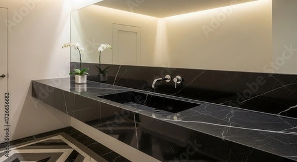 Obraz Modern bathroom interior featuring a sleek black marble vanity top and herringbone floor creating
