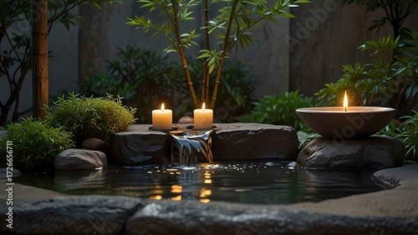 Fototapeta Ultra-realistic Japanese garden water feature, bamboo spout over stone basin with flowing water, lit candles casting warm light, bonsai and green plants surrounding, static fixed frame, 