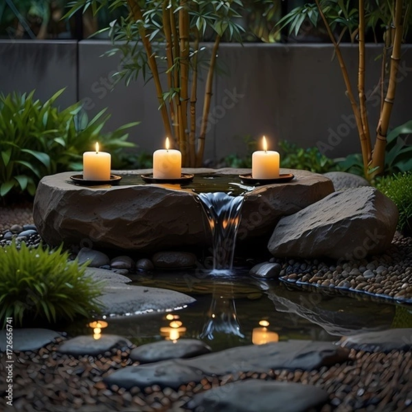 Fototapeta Ultra-realistic Japanese garden water feature, bamboo spout over stone basin with flowing water, lit candles casting warm light, bonsai and green plants surrounding, static fixed frame, 
