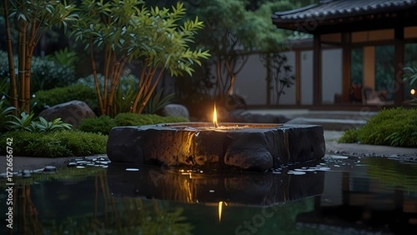 Fototapeta Ultra-realistic Japanese garden water feature, bamboo spout over stone basin with flowing water, lit candles casting warm light, bonsai and green plants surrounding, static fixed frame, 