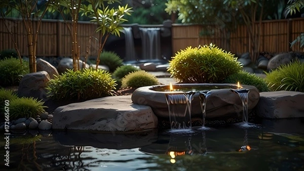 Fototapeta Ultra-realistic Japanese garden water feature, bamboo spout over stone basin with flowing water, lit candles casting warm light, bonsai and green plants surrounding, static fixed frame, 