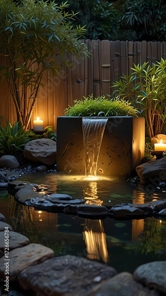Fototapeta Ultra-realistic Japanese garden water feature, bamboo spout over stone basin with flowing water, lit candles casting warm light, bonsai and green plants surrounding, static fixed frame, 