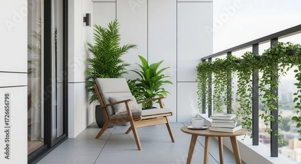 Obraz Cozy modern balcony with plants, chair, table, books and city view showcasing relaxation