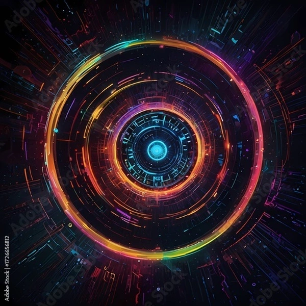 Fototapeta Within the confines of a luminous, ever-shifting algorithm, a cryptic ultra-modern magic spell pulsates with data streams and electric currents. The central focus of the image is a swirling vortex 