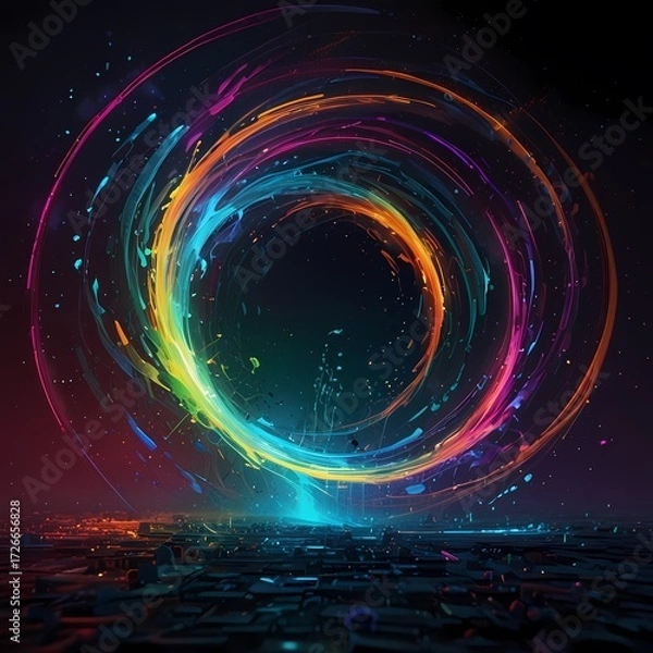 Fototapeta Within the confines of a luminous, ever-shifting algorithm, a cryptic ultra-modern magic spell pulsates with data streams and electric currents. The central focus of the image is a swirling vortex 