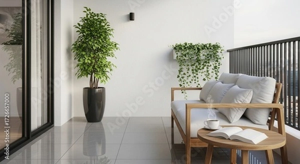 Obraz Elegant balcony retreat with modern furniture and lush greenery creating a serene atmosphere
