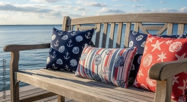 Obraz Nautical themed decorative pillows on a wooden bench with ocean view create coastal serene scene