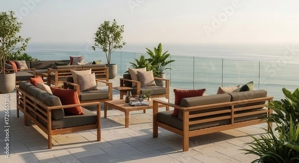 Obraz Elegant Outdoor Furniture Set on a Stylish Patio Overlooking the Serene Ocean Horizon
