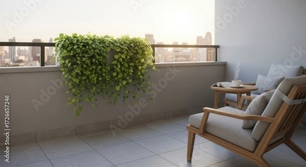 Obraz Balcony with green plants overlooking the city skyline offering relaxation and tranquility