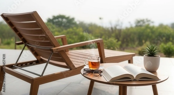 Obraz Serene relaxation scene with lounge chair tea book and green background outdoors