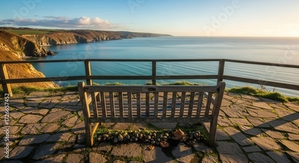 Obraz Scenic coastal view with a weathered wooden bench overlooking the turquoise sea and coastline