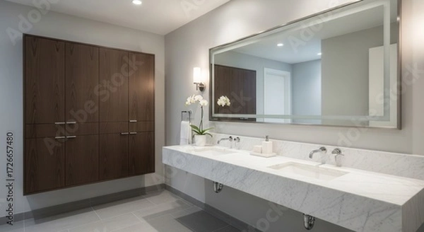 Obraz Elegant bathroom interior with a double sink vanity a large mirror and wood storage unit