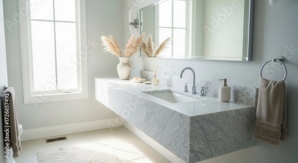 Obraz Modern bathroom interior with marble countertop and natural light creates a serene space