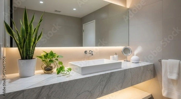 Obraz Modern bathroom interior showcasing a sleek design with plants and marble countertop