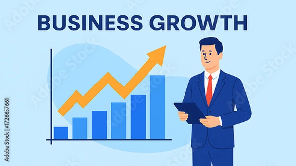 Obraz Flat-style digital illustration showing a businessman with a tablet standing next to a rising growth chart. Concept of success, corporate growth, and financial progress.