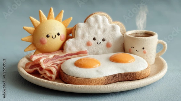 Fototapeta Comfort food concept. Cheerful breakfast scene with smiling sun, cloud, bacon, eggs, and coffee on plate