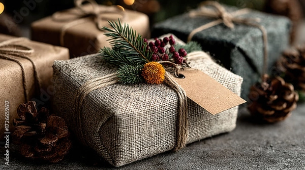 Fototapeta Festive packaging concept. Cozy handmade gift wrapped in burlap with twine, pine sprigs, and berries