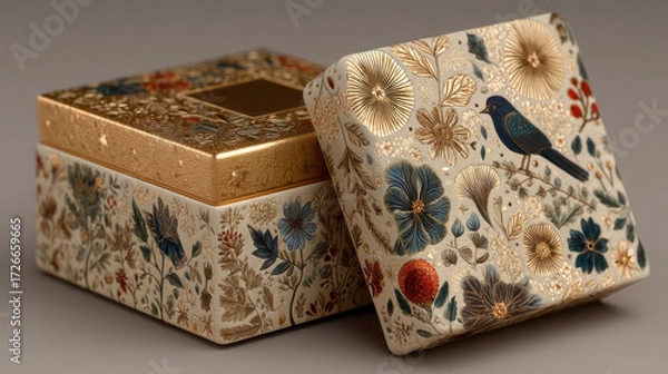 Fototapeta Festive packaging concept. Elegant decorative box with floral and bird design, featuring gold accents and intricate patterns