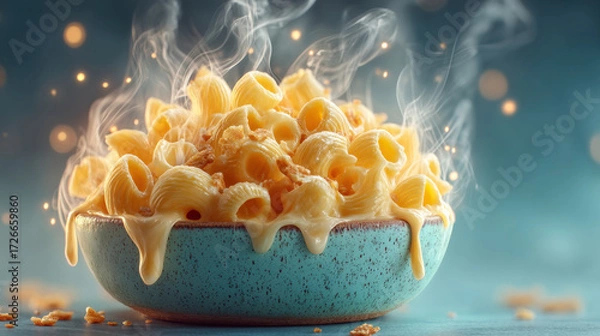 Fototapeta Comfort food concept. Creamy macaroni and cheese in blue bowl with steam rising, creating warm and inviting atmosphere