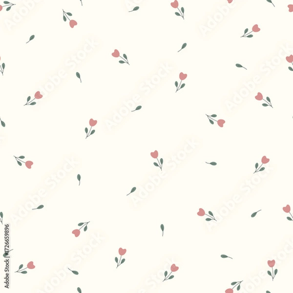 Fototapeta Small tulips and leaves on white background, seamless pattern. Vector illustration with flowers for wrapping paper, fabric.