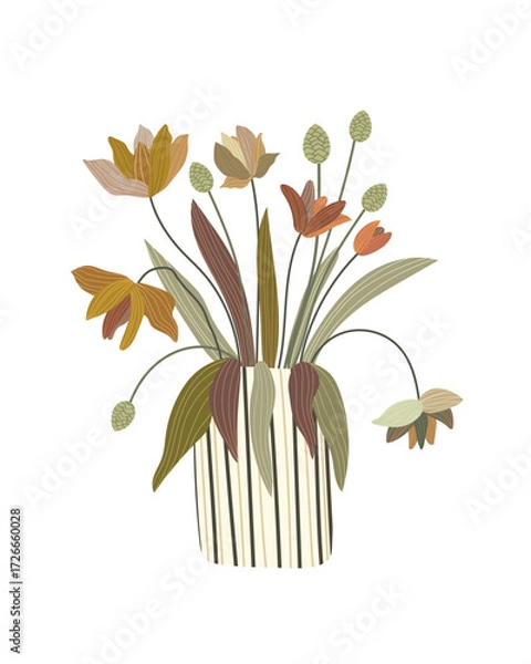 Fototapeta Hand drawn pattern with tulips and leaves in vase, vase with lines and different colors tulips. Vector illustration with flowers and leaves on white background.	