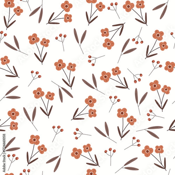 Fototapeta Orange flowers, berries and leaves on white background. Vector illustration with hand drawn flowers and leaves, seamless pattern for wrapping paper, wallpaper, card, fabric.