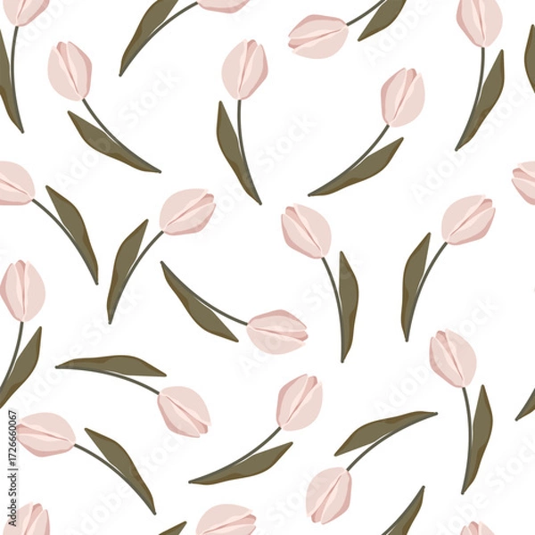 Fototapeta Seamless pattern with pink tulips on white background. Vector illustration with cute flowers and leaves for wrapping paper, wallpaper, fabric, card.
