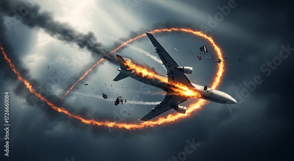 Fototapeta A catastrophic aviation emergency with a passenger plane on fire and spiraling downwards