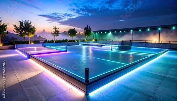 Fototapeta Modern Rooftop Skatepark at Dusk with Neon Lighting and Dramatic Sky