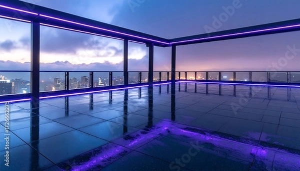 Fototapeta Modern Rooftop Terrace at Dusk with City Skyline and Purple Neon Lighting