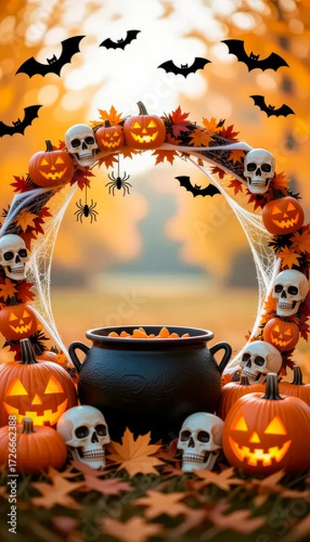 Fototapeta A frame consisting of a garland of Halloween elements: pumpkins, a black cauldron, skulls, cobwebs and spiders, bats, and cheerful ghosts