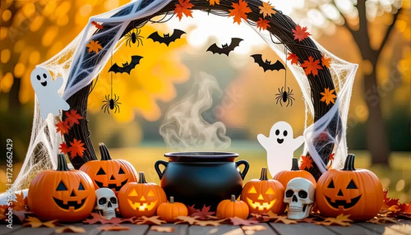 Fototapeta A frame consisting of a garland of Halloween elements: pumpkins, a black cauldron, skulls, cobwebs and spiders, bats, and cheerful ghosts