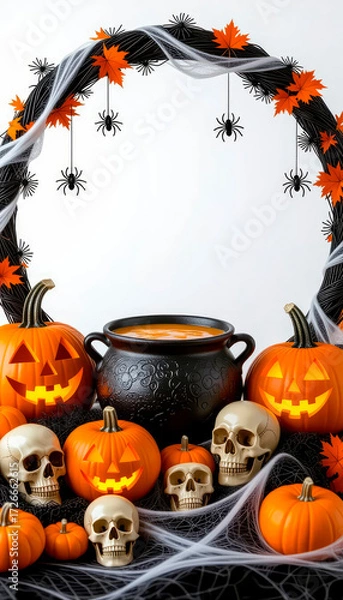 Fototapeta A frame consisting of a garland of Halloween elements: pumpkins, a black cauldron, skulls, cobwebs and spiders, bats, and cheerful ghosts