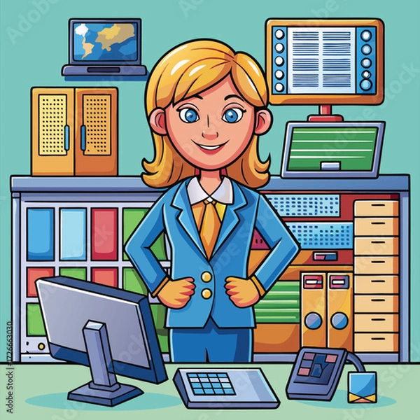 Fototapeta A female employee stands confidently behind a desk in a modern office setting