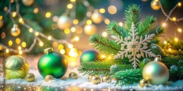Fototapeta Christmas ornaments and lights on a snowy surface with a christmas tree branch and a snowflake decor