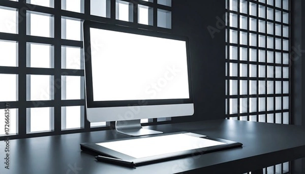 Fototapeta Modern Workspace with Computer Monitor and Tablet on Desk