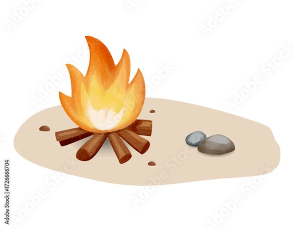 Fototapeta A watercolor forest campfire. Flames painted in soft tones. Great element for camping and forest themes.