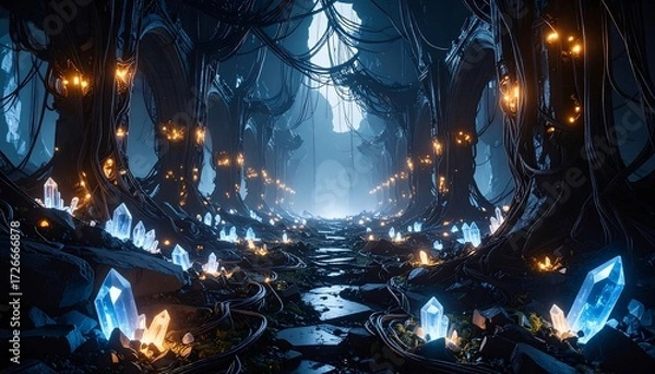 Fototapeta Mysterious Glowing Path Through Dark Fantasy Forest with Crystals