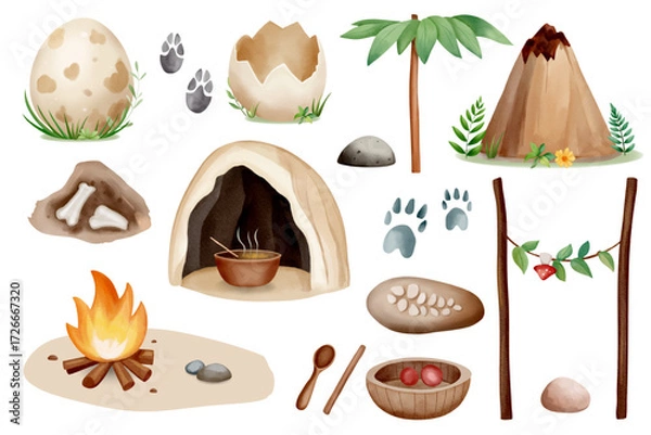 Fototapeta A watercolor collection of prehistoric life. Cave, pottery with food, dinosaur eggs, fossils, volcano and campfire.