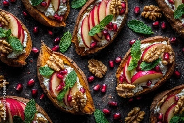 Fototapeta Sweet potato halves topped with apples, cheese, walnuts, pomegranate seeds, and mint