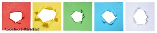 Fototapeta Set collection or collage of colorful paper with ripped hole isolated on transparent background
