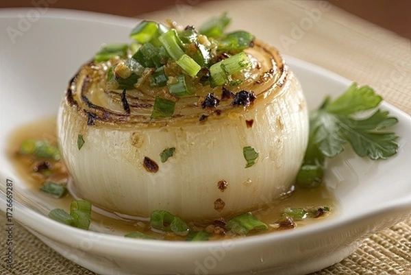 Fototapeta Roasted onion, topped with green onions and spices, sits in a small white dish