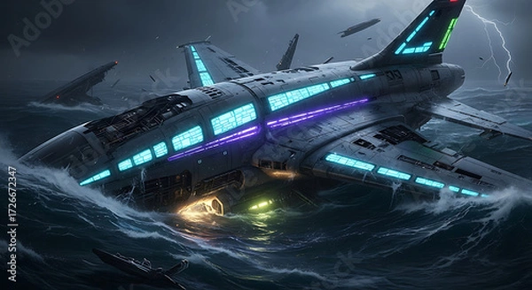 Fototapeta Futuristic aircraft wreckage battling turbulent ocean waves under a dark, stormy sky