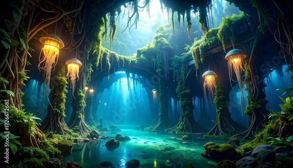 Fototapeta Mystical Forest Scene with Glowing Lights and Tranquil Waters